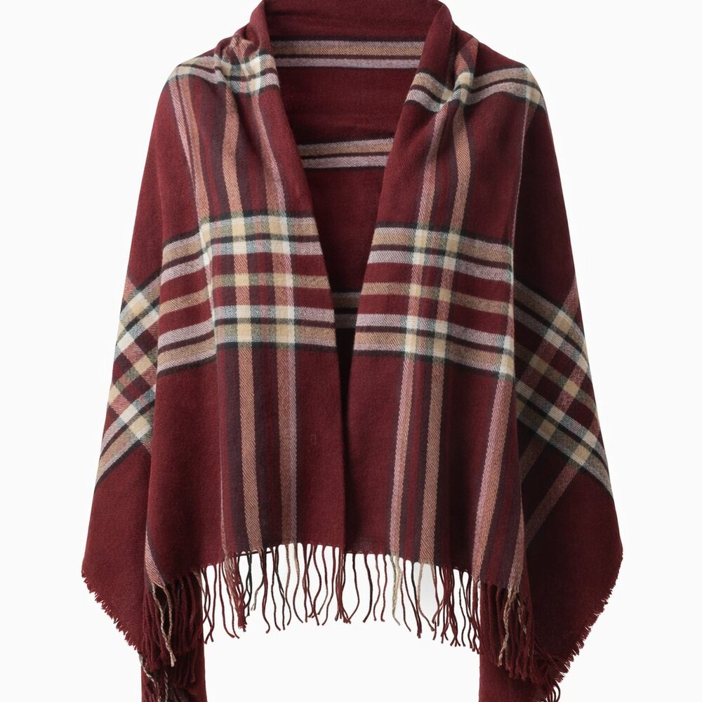 [NWOT] Burgundy Plaid Fringe Shawl Wrap Scarf - One Size